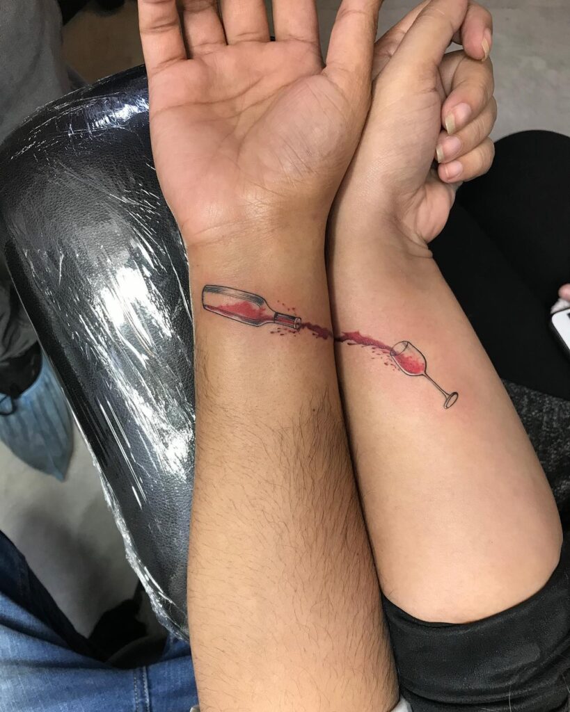 Wine Bottle and Stemmed Glass matching sibling tattoo