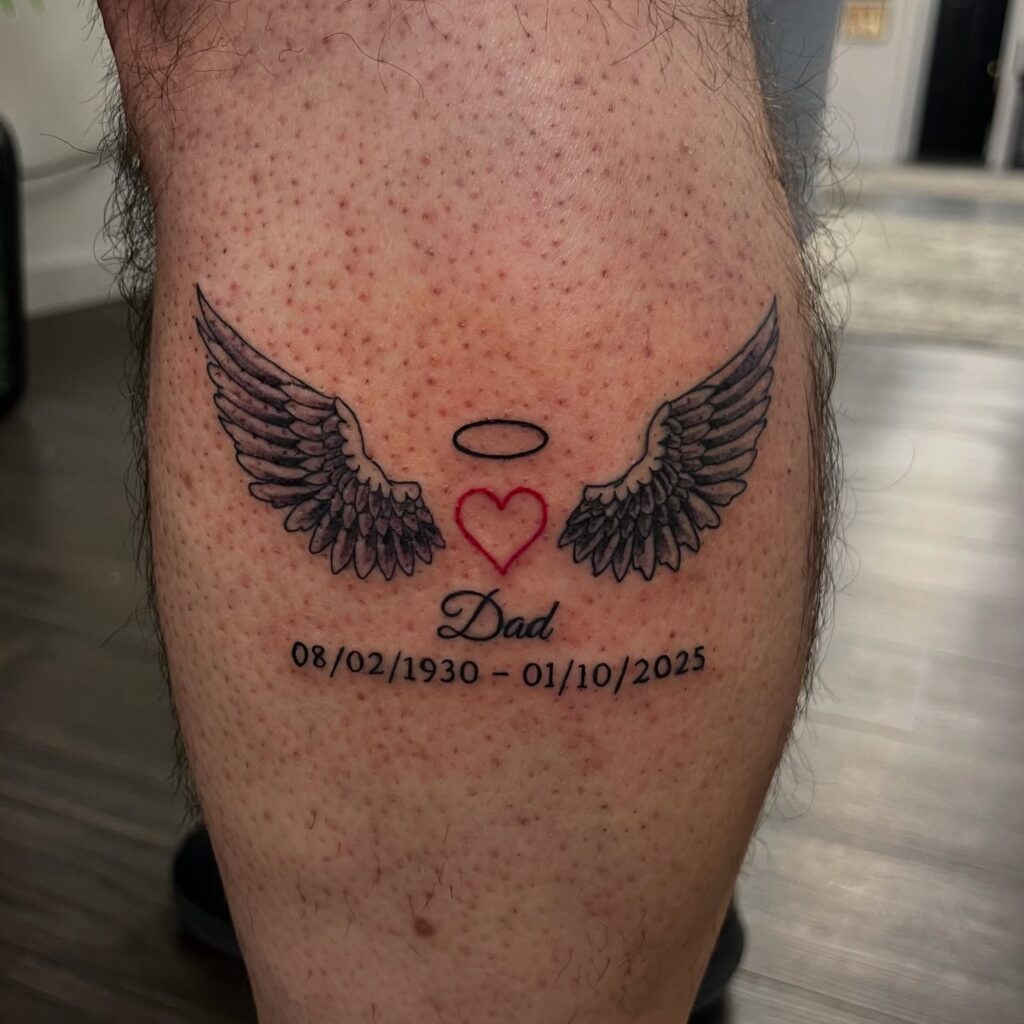 Winged Heart Dad Memorial Tattoo with Halo and Dates dad memorial tattoos tattoo