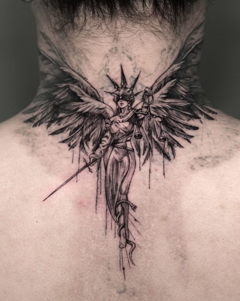 Bold Black And Grey Lotus Neck Tattoo