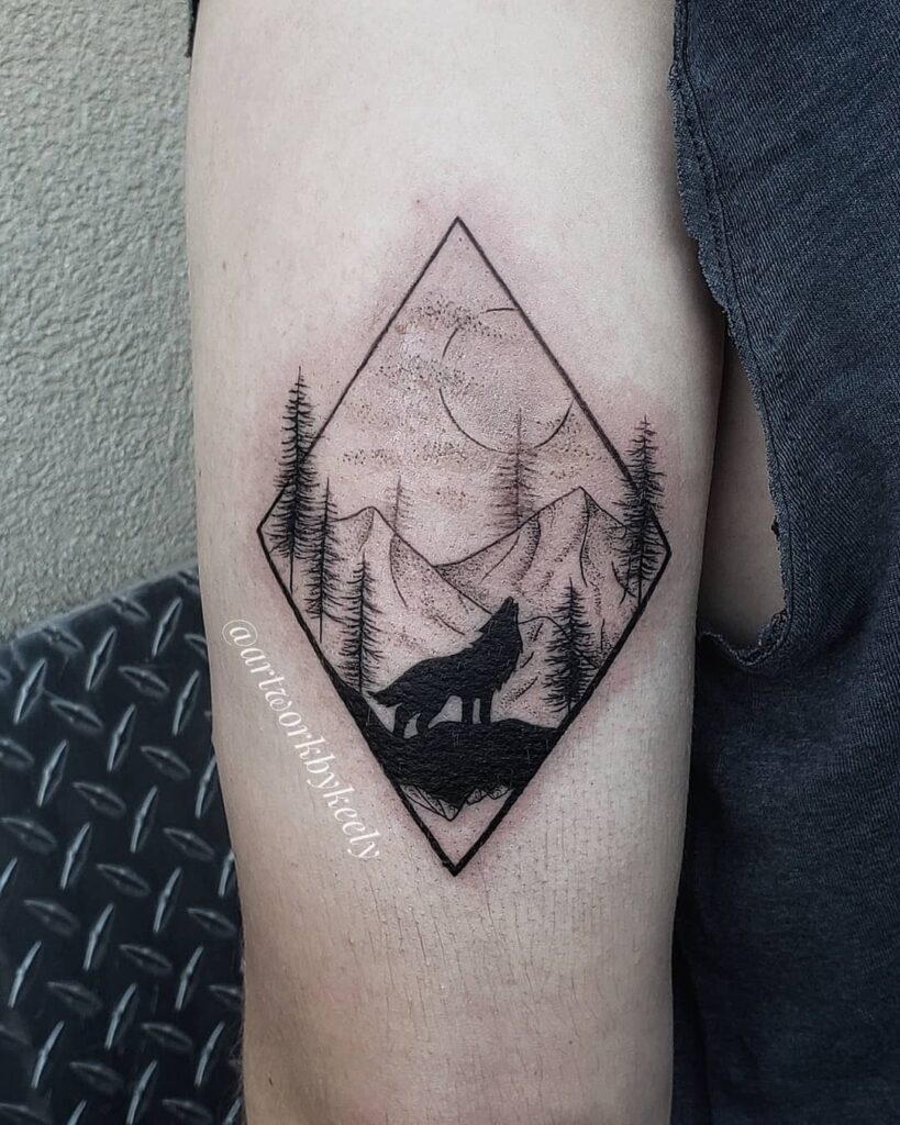 Wolf Howling at Moonlit Alpine Ridge nature scene tattoo