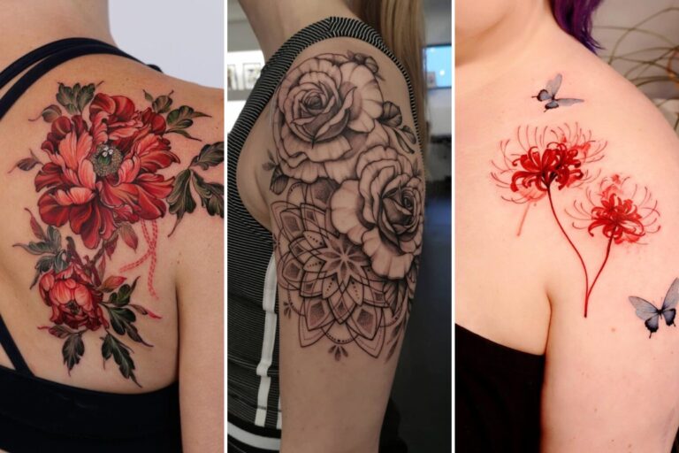Aesthetic women shoulder flower tattoo ideas and delicate ink ideas collage