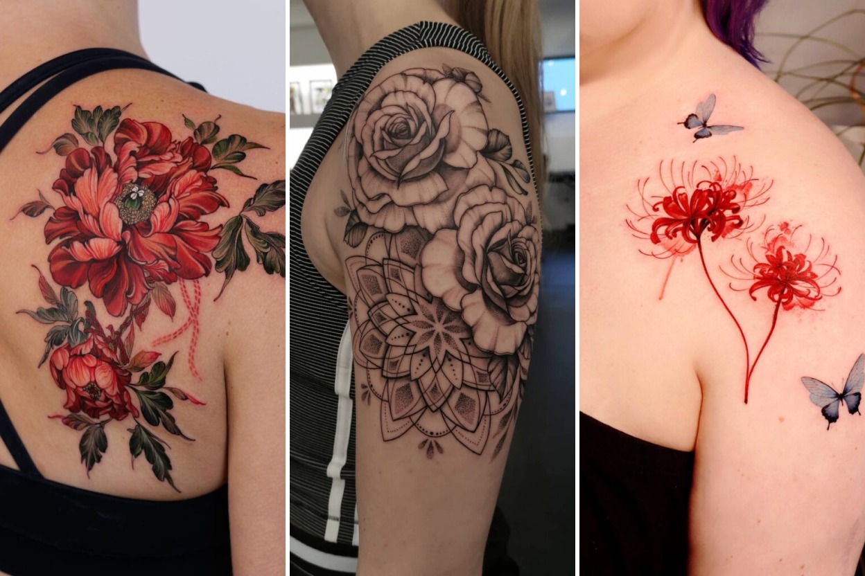 Aesthetic women shoulder flower tattoo ideas and delicate ink ideas collage