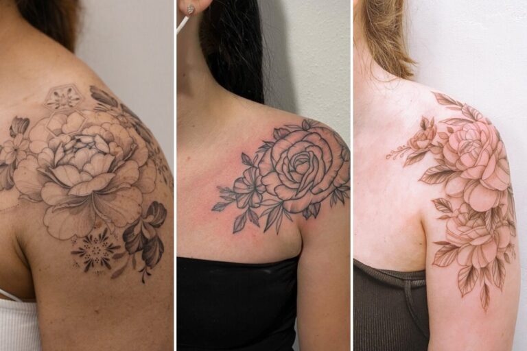 Aesthetic women shoulder flower tattoo ideas and delicate ink ideas collage