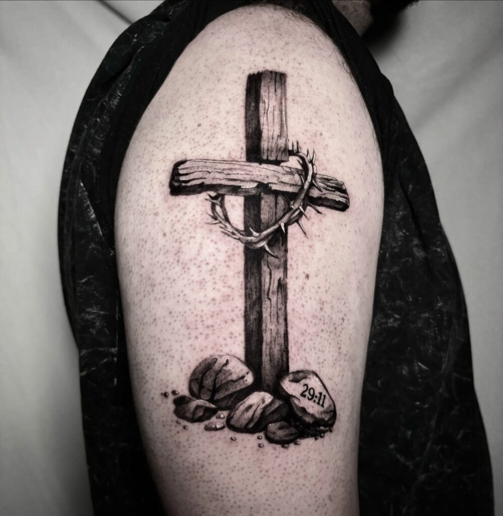 Wooden Cross with Crown of Thorns and Scripture Tattoo cross tattoos for men tattoo