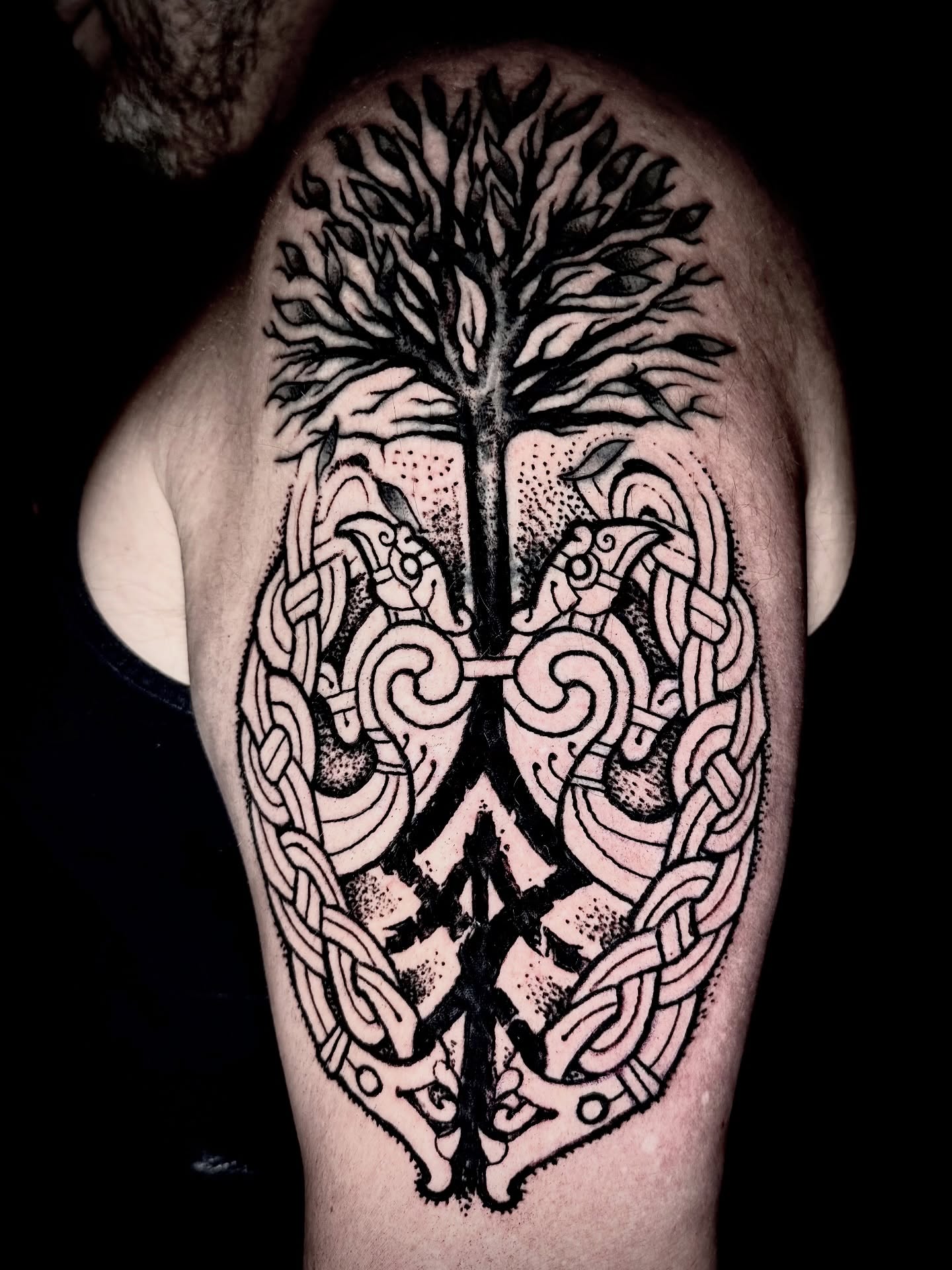 Mountain, Raven, And Norse Knotwork Tattoo