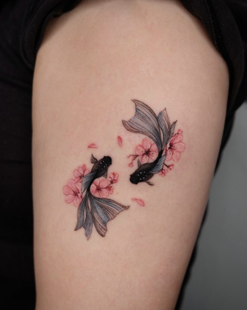 Yin-Yang Koi with Cherry Blossoms Tattoo cherry blossom tattoo ideas tattoo