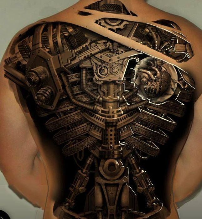 A 3D Robotic tattoo on the back Tattoo on skin