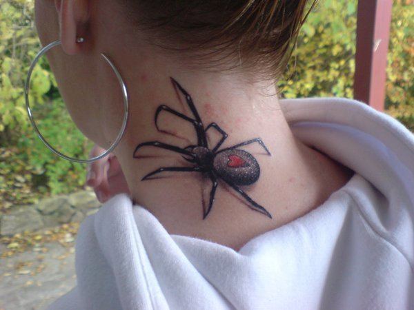 A 3D spider tattoo on the neck Tattoo on skin