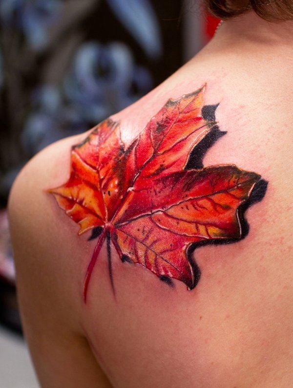 A beautiful leaf tattoo on the back Tattoo on skin