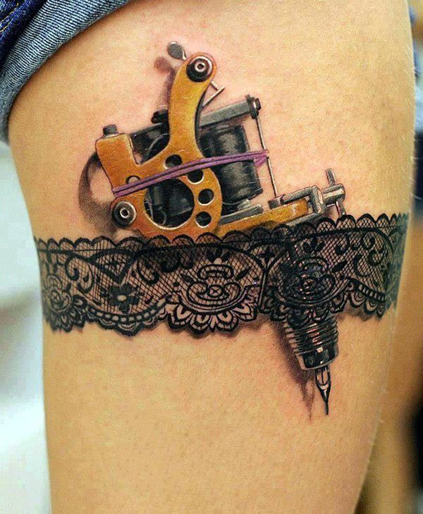 A sewing needle attached to the leg 3D tattoo Tattoo on skin