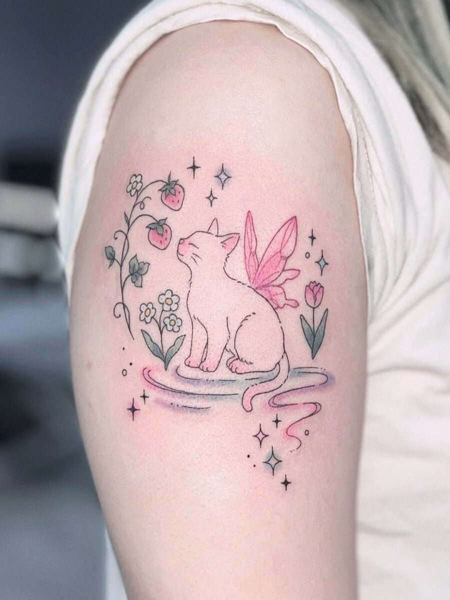 Whimsical cat tattoo with floral elements Tattoo on skin
