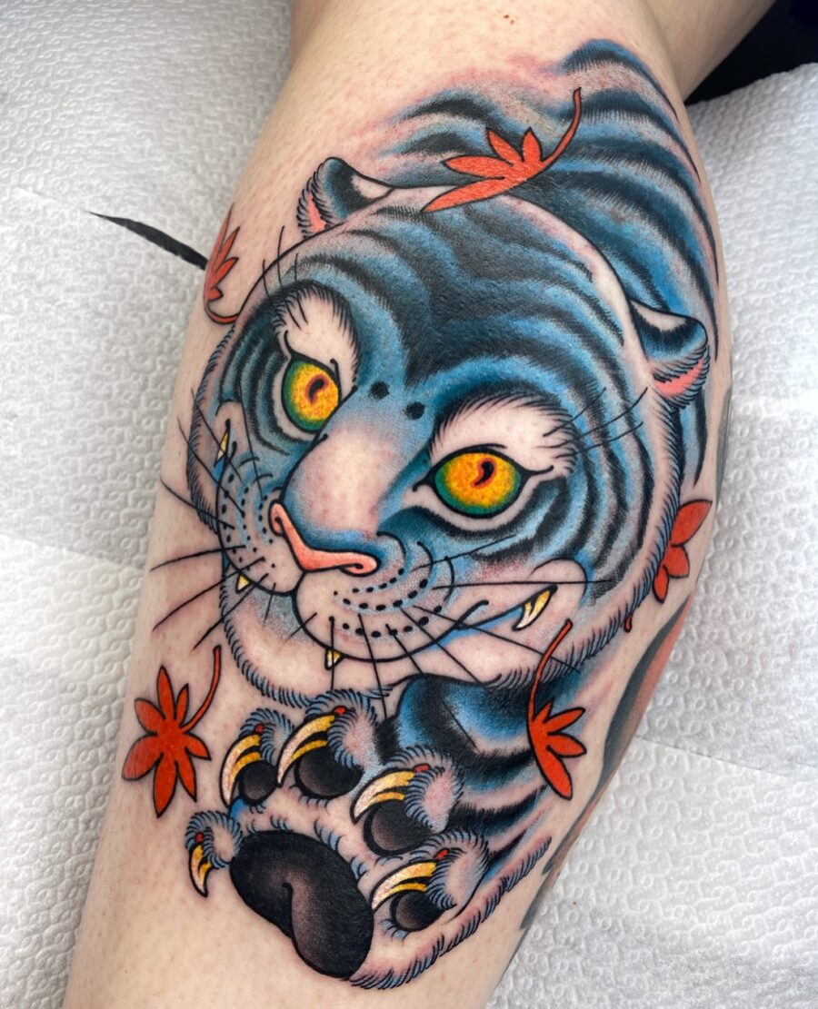 Colorful blue striped tiger tattoo design Tattoo on skin