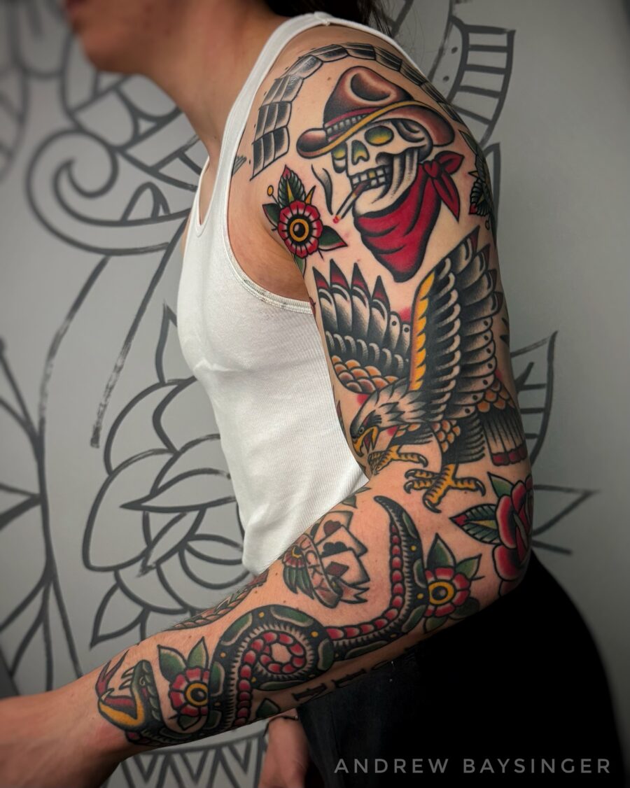 Vibrant Americana tattoo showcasing skull and eagle Tattoo on skin