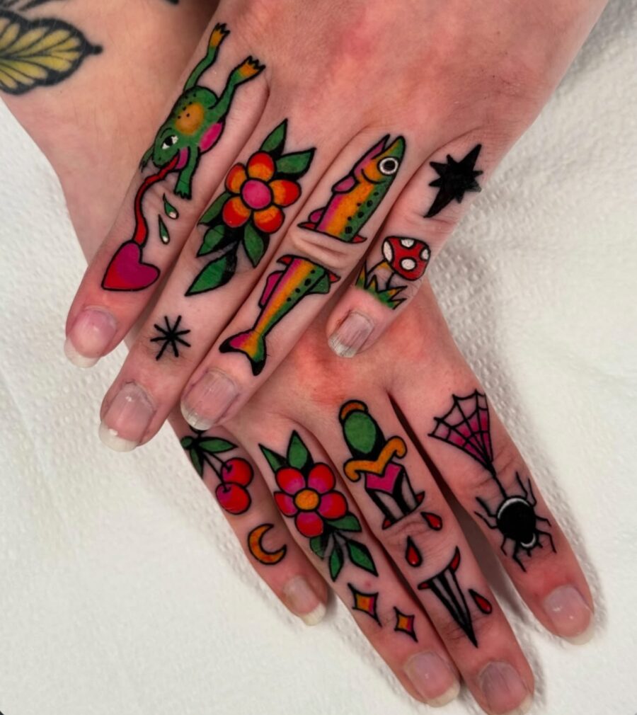 Vibrant Americana tattoos on colorful hands Tattoo on skin