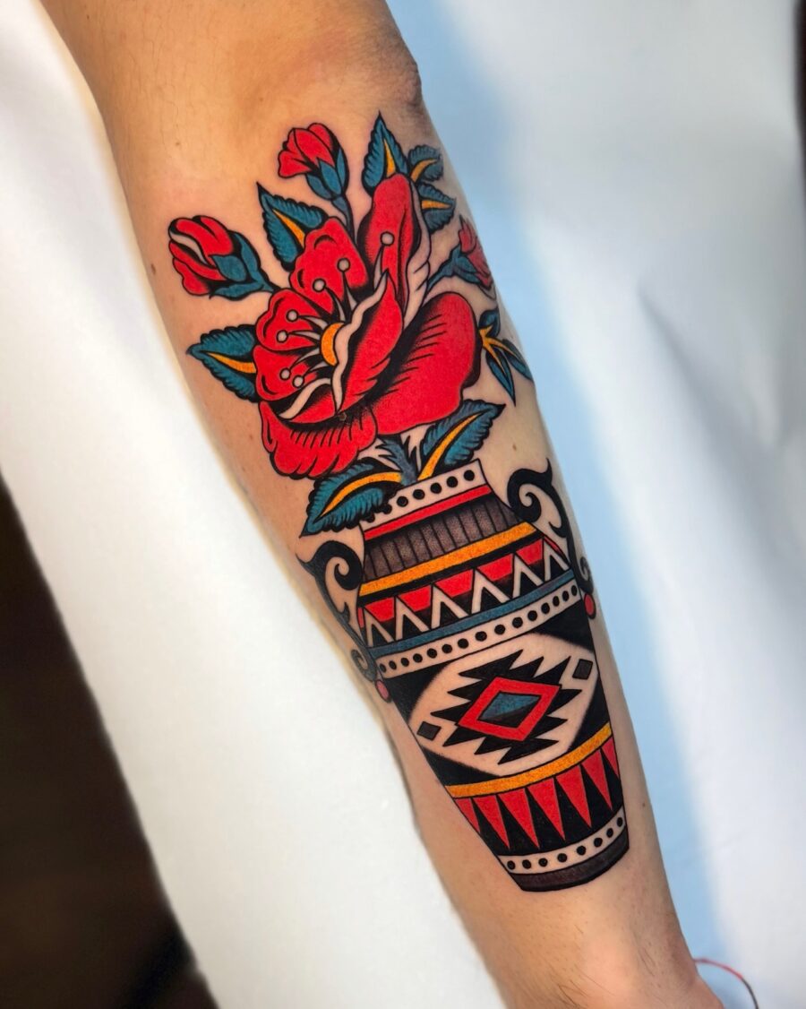 Vibrant floral vase Americana tattoo inspiration Tattoo on skin
