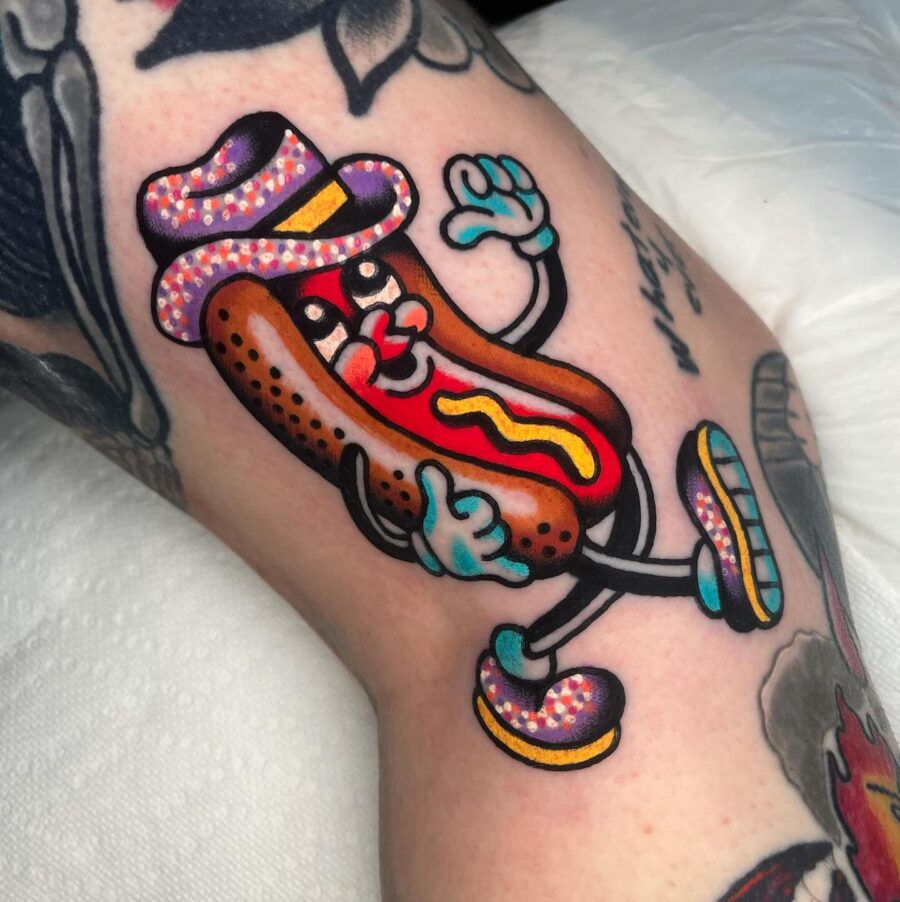 Whimsical hot dog character tattoo with vibrant colors Tattoo on skin