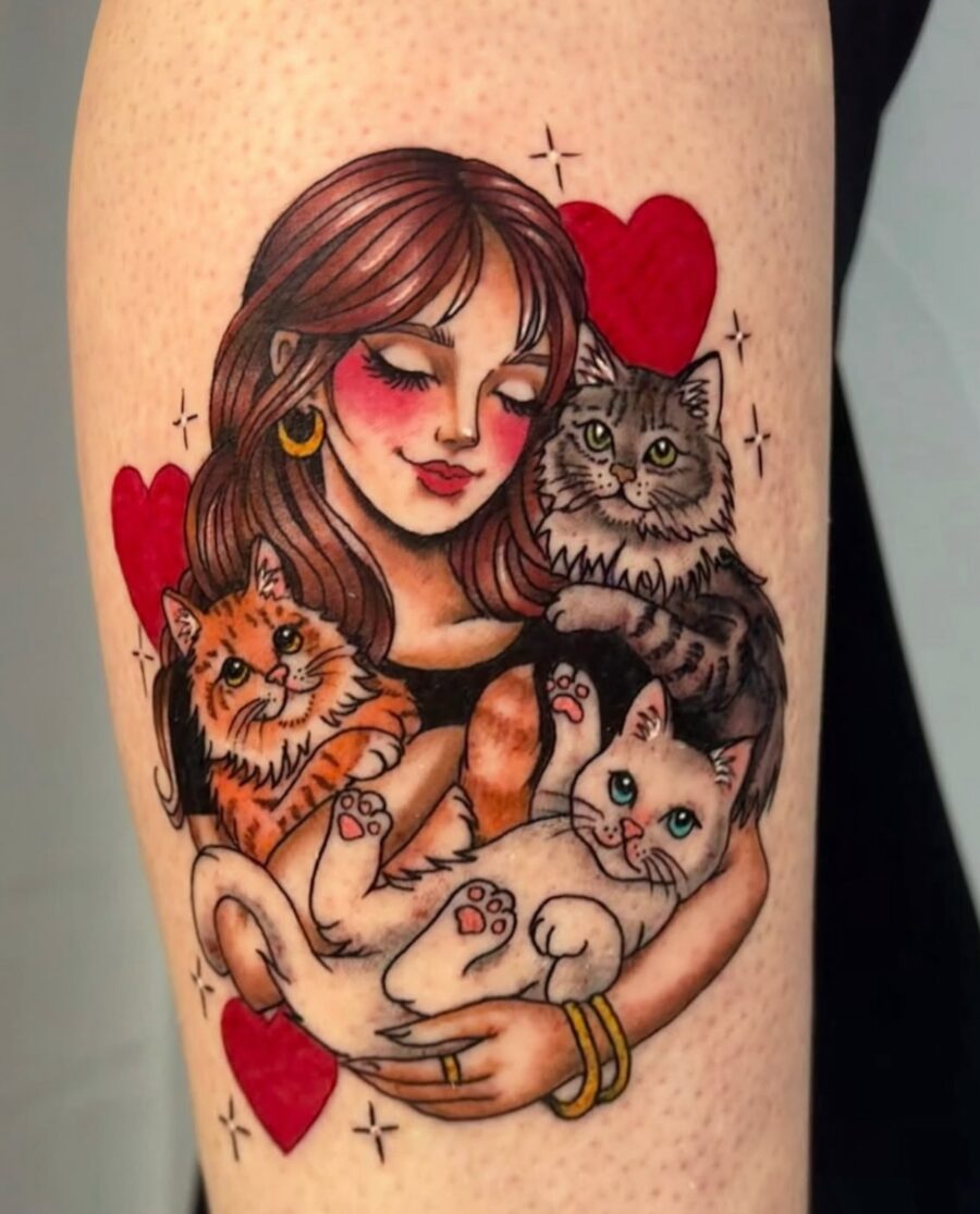 Whimsical tattoo of a cat lover Tattoo on skin
