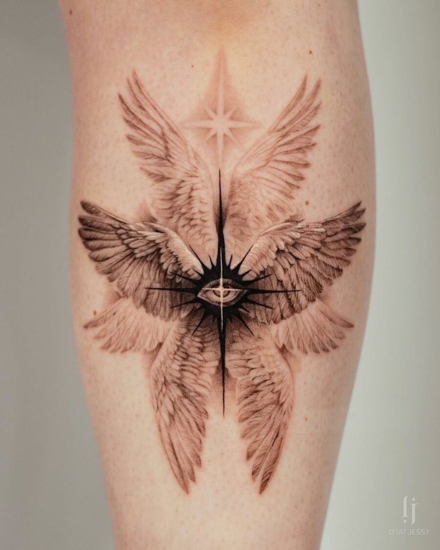 Ethereal winged design with a central eye Tattoo on skin