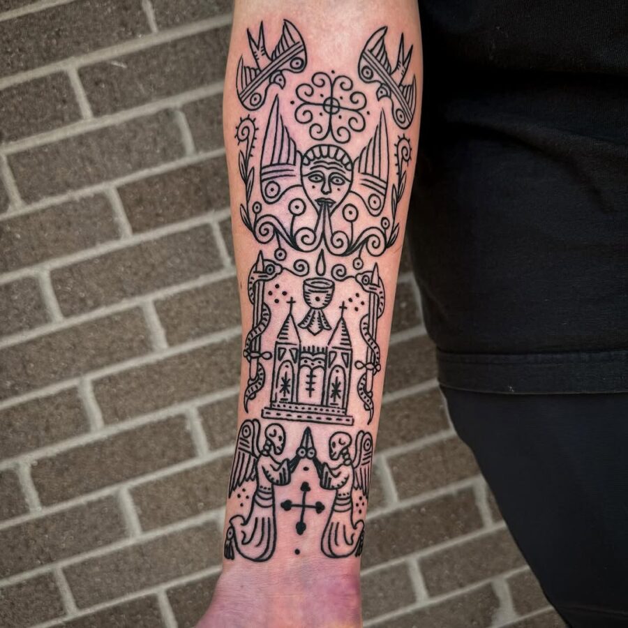 Intricate ancient symbols inked in modern style Tattoo on skin