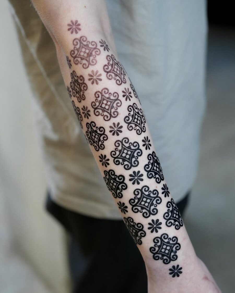 Intricate black ink tribal pattern on forearm Tattoo on skin