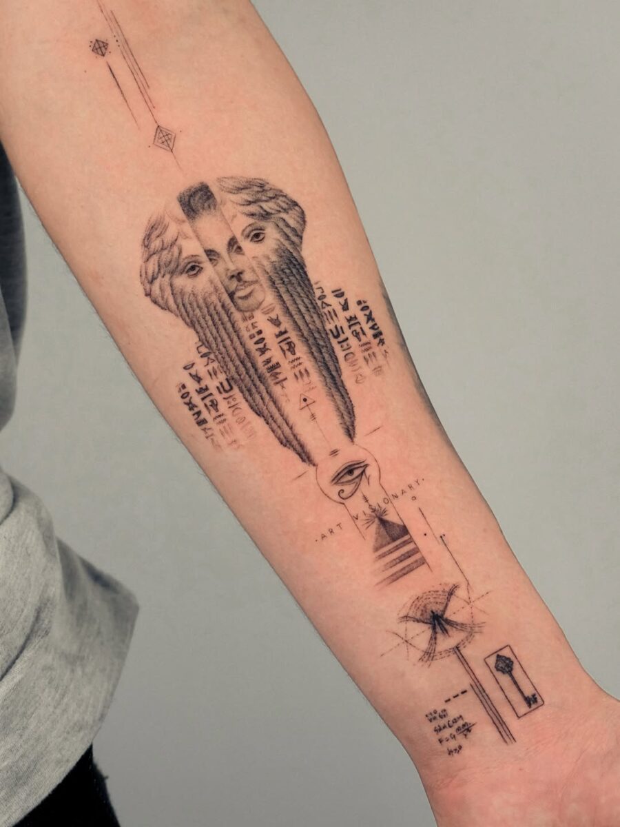 Intricate tattoo merging faces and geometric shapes Tattoo on skin