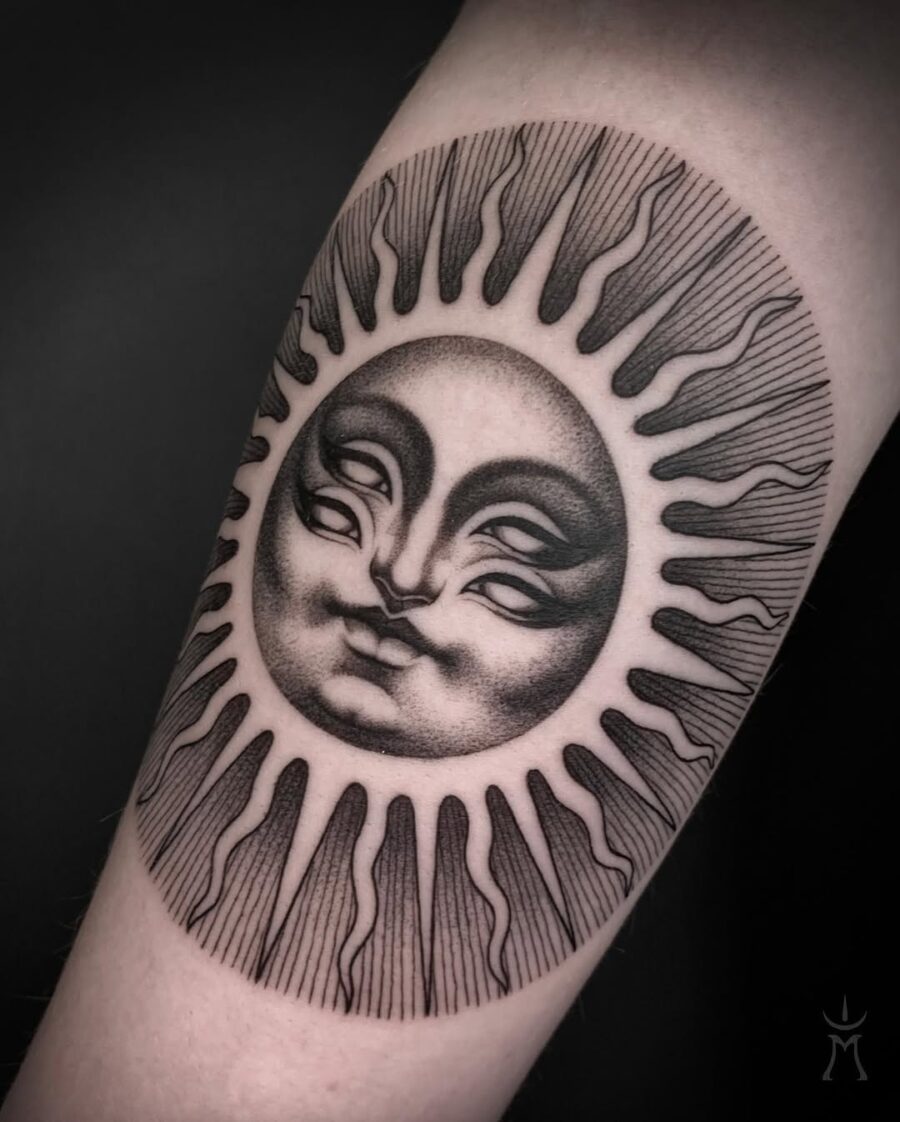 Stunning blackwork sun face tattoo design ancient art tattoos