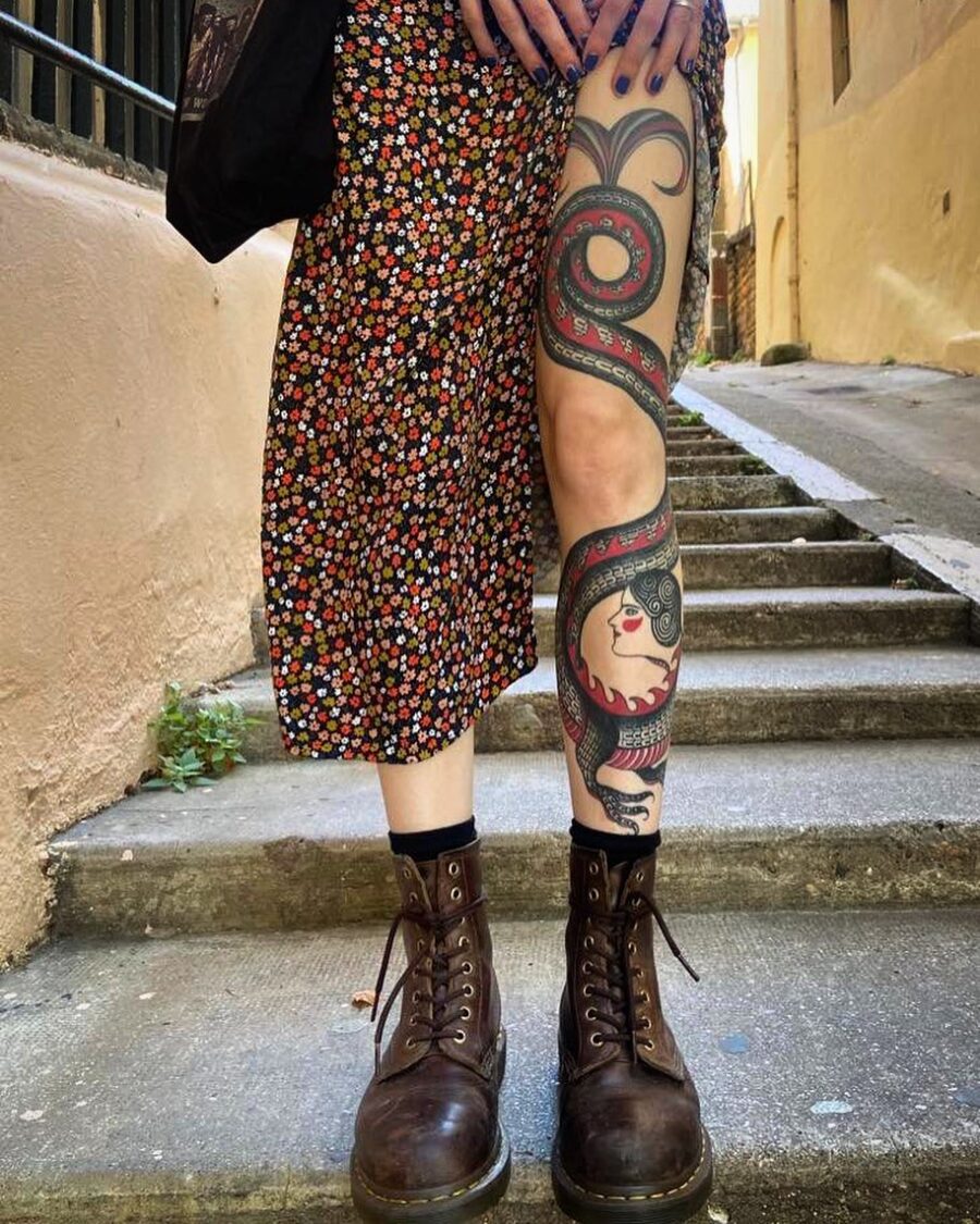 Stylish octopus tattoo on a woman’s leg Tattoo on skin