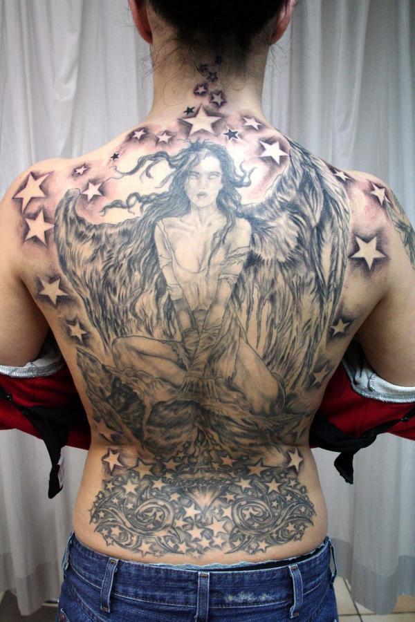 A Dashing Gothic Angel Tattoo Design Covering The Entire Back Tattoo on skin