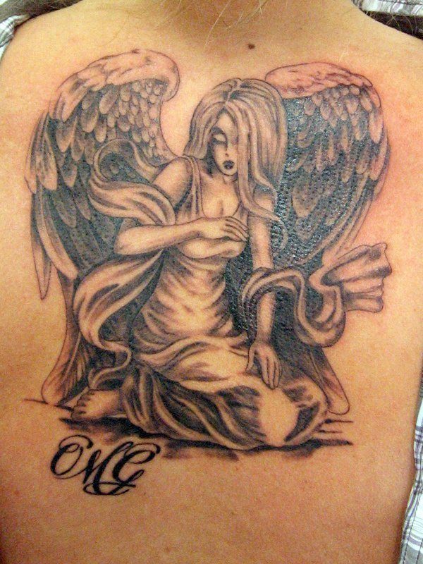 A Highly Detailed Fallen Angel Tattoo Design on Drawn on The Back for Men Tattoo on skin