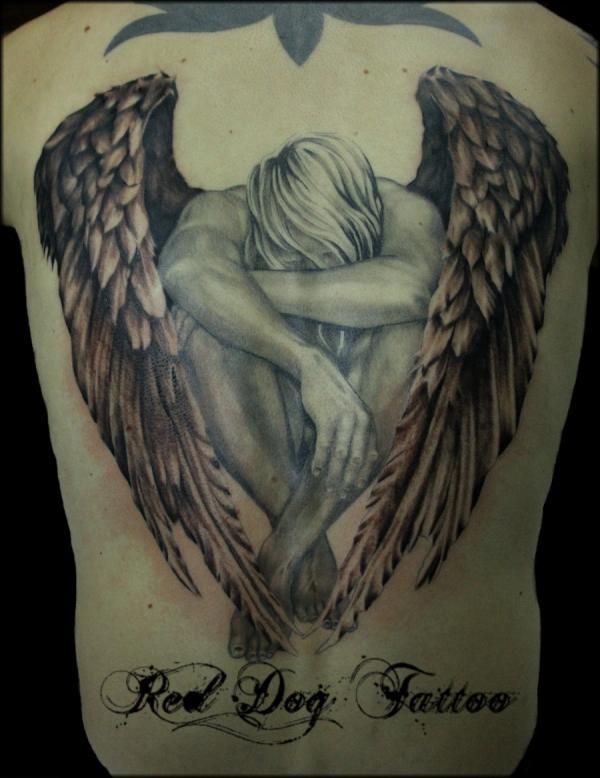 A Highly Detailed Fallen Angel Tattoo on Man’s Back Tattoo on skin