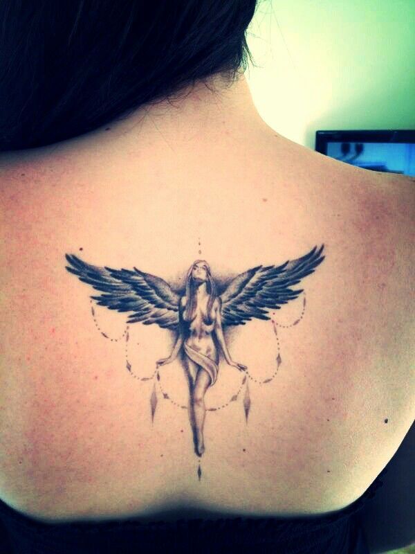 Angel Tattoo Designs With Diamond Chain Tattoo on skin