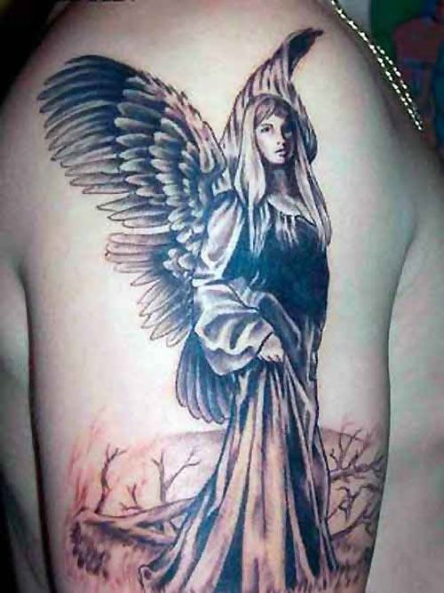 Dark Medieval Style Angel Madame Tattoo on skin