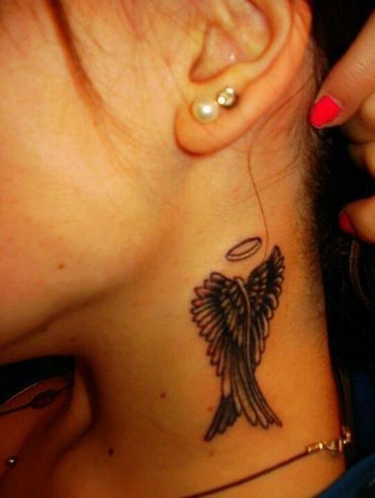 Elegant Angel Tattoo Designs On Girl's Neck angel tattoos