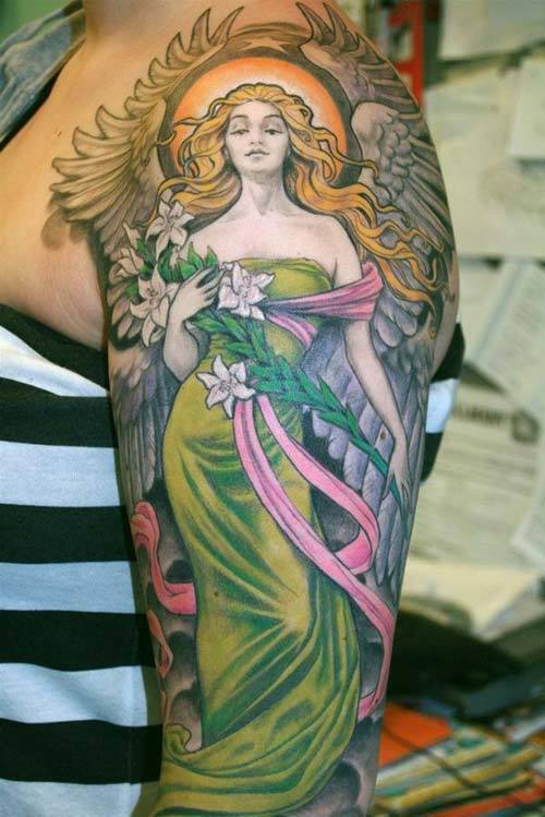 Incredible Full Color Angel Tattoo Designs on Sleeve Tattoo on skin