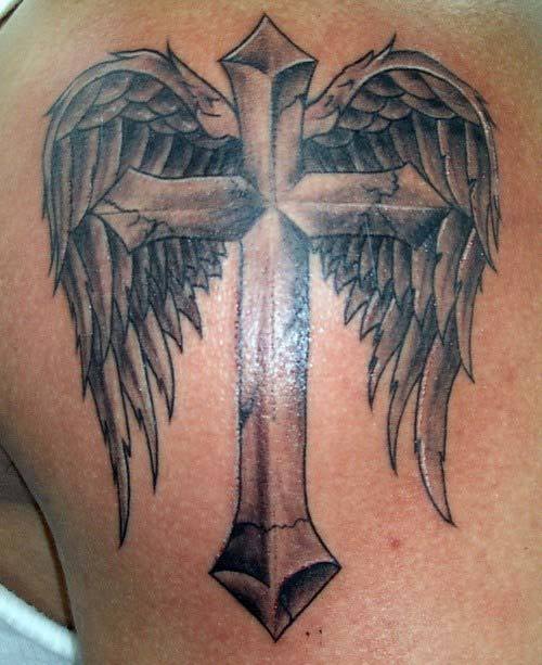 Powerful Looking Cross With Angel Wings Tattoo Tattoo on skin