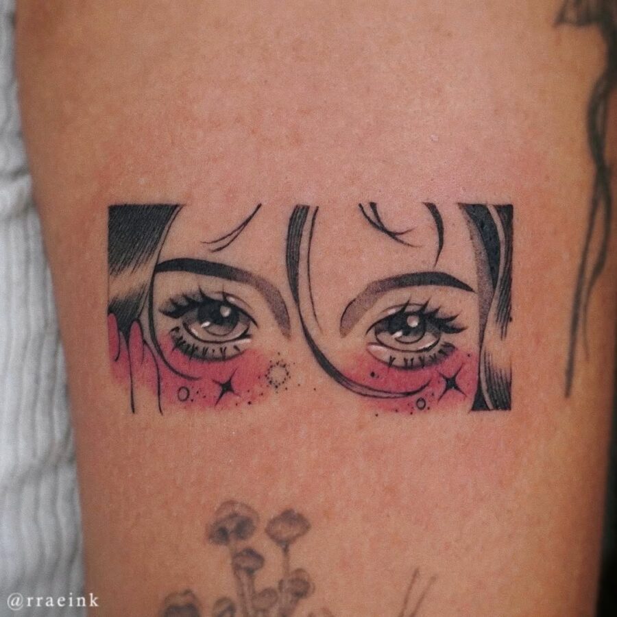 Captivating anime eyes tattoo with soft details Tattoo on skin