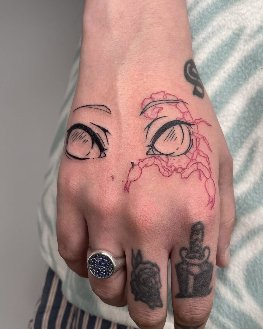 Intricate anime eye tattoo on hand Tattoo on skin