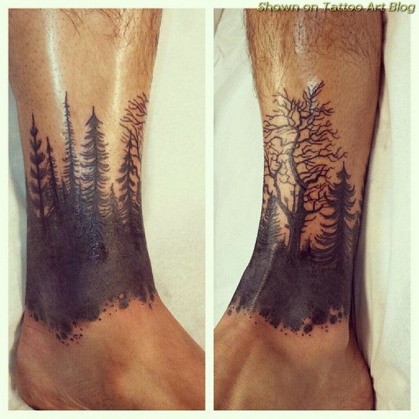 Pine Forest and Leafless Tree ankle tattoos Tattoo on skin