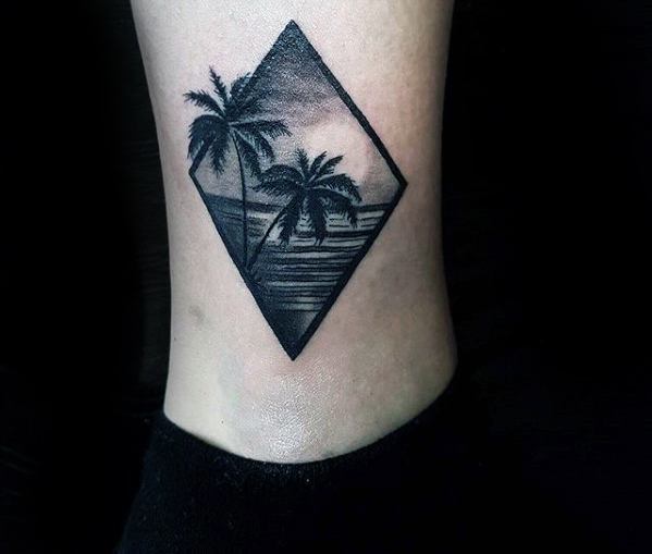 Palm Trees and Ocean in a Diamond ankle tattoos Tattoo on skin