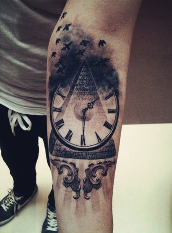 Clock-Pyramid Hybrid Arm Tattoo Ideas Tattoo on skin