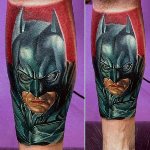 A Red and Black Vintage Batman Portrait Batman Tattoo Tattoo on skin