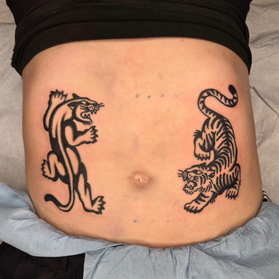 Bold Tiger and Panther Belly Tattoos Tattoo on skin