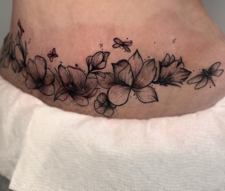 Stunning Floral Belly Tattoo with Butterflies Tattoo on skin