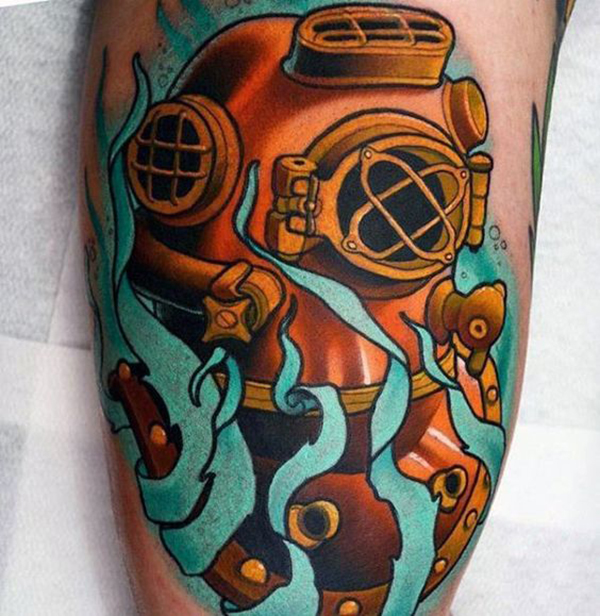 Old Fashioned Diving Suit and Seaweed Bicep Tattoos Tattoo on skin