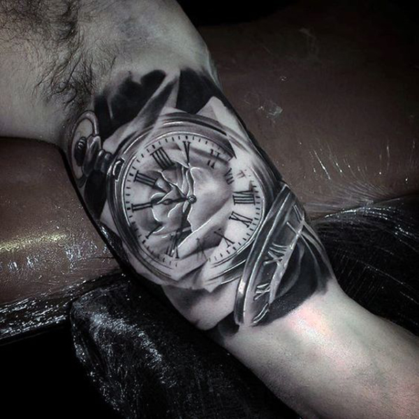 Pocket Watch with Damaged Face Bicep Tattoo Ideas Tattoo on skin