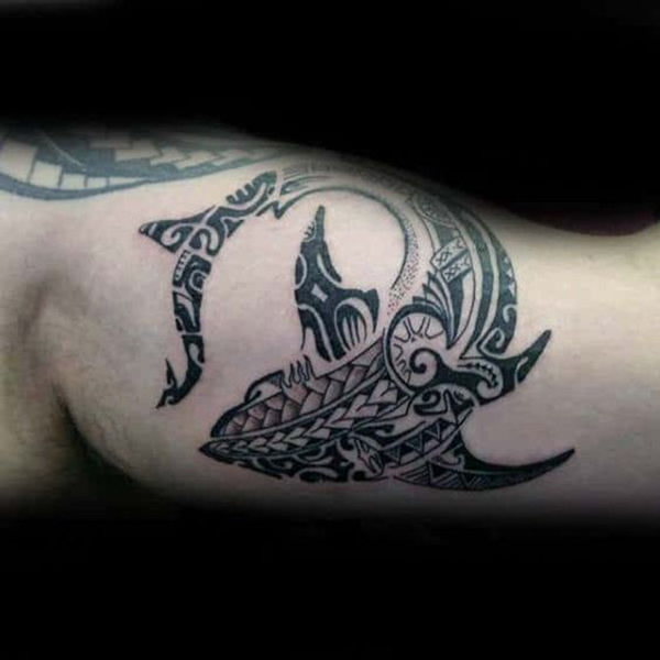 Shark Made of Multiple Patterns on Inner Bicep Tattoo Ideas Tattoo on skin