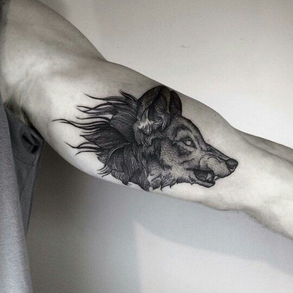 Wolf Head with Bared Teeth Bicep Tattoos Tattoo on skin