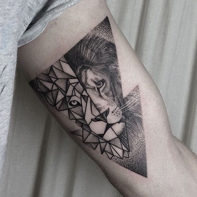 Lion Head in Two Styles Inner Bicep Tattoo Ideas Tattoo on skin