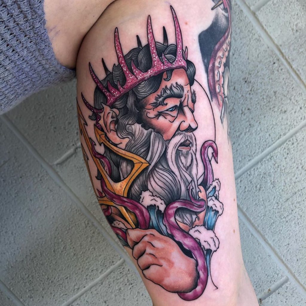 Poseidon with Trident and Coral Crown Inner Bicep Tattoo Ideas Tattoo on skin