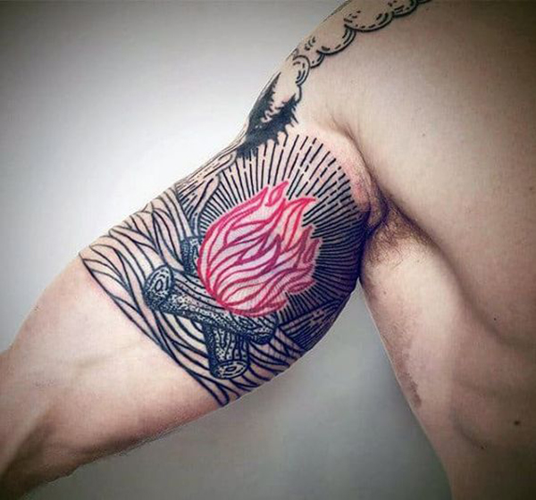 Simplistic Black and White Campfire with Red Bicep Tattoos Tattoo on skin